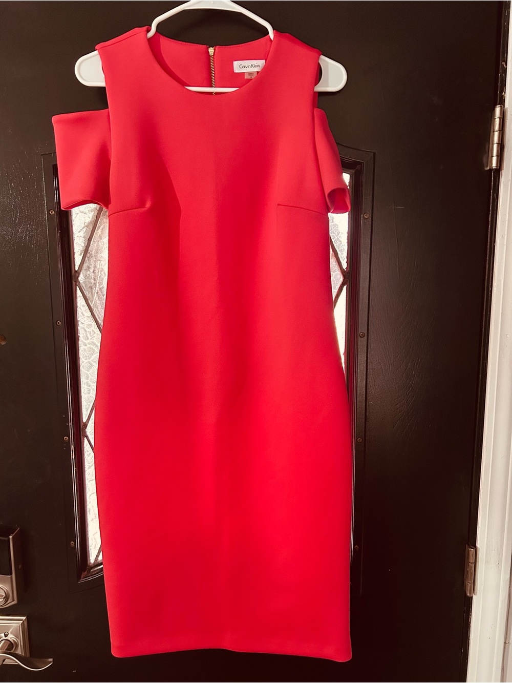Calvin Klein Bright Red Cold-Shoulder Midi Sheath Dress